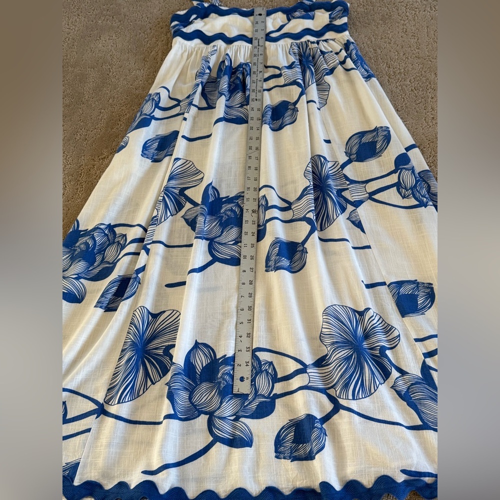 Blue White Floral Maxi Dress Linen Blend Boho Summer Sundress Pockets S - Picture 3 of 4